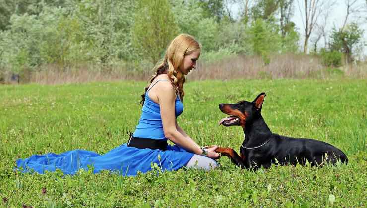 Donna parla con il cane dei suoi sogni nel prato 